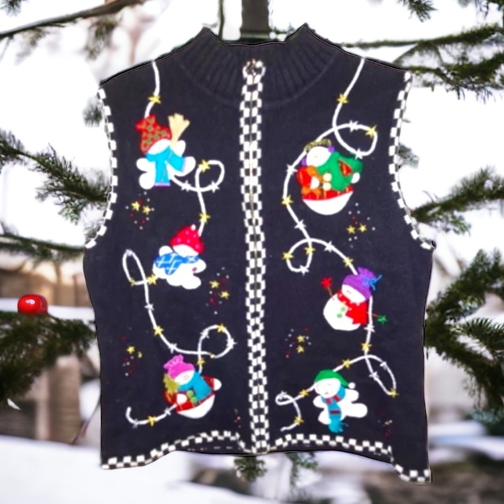 Ugly Christmas Sweater Winner Vest Large Checkerboard Trim Beads Appliqués